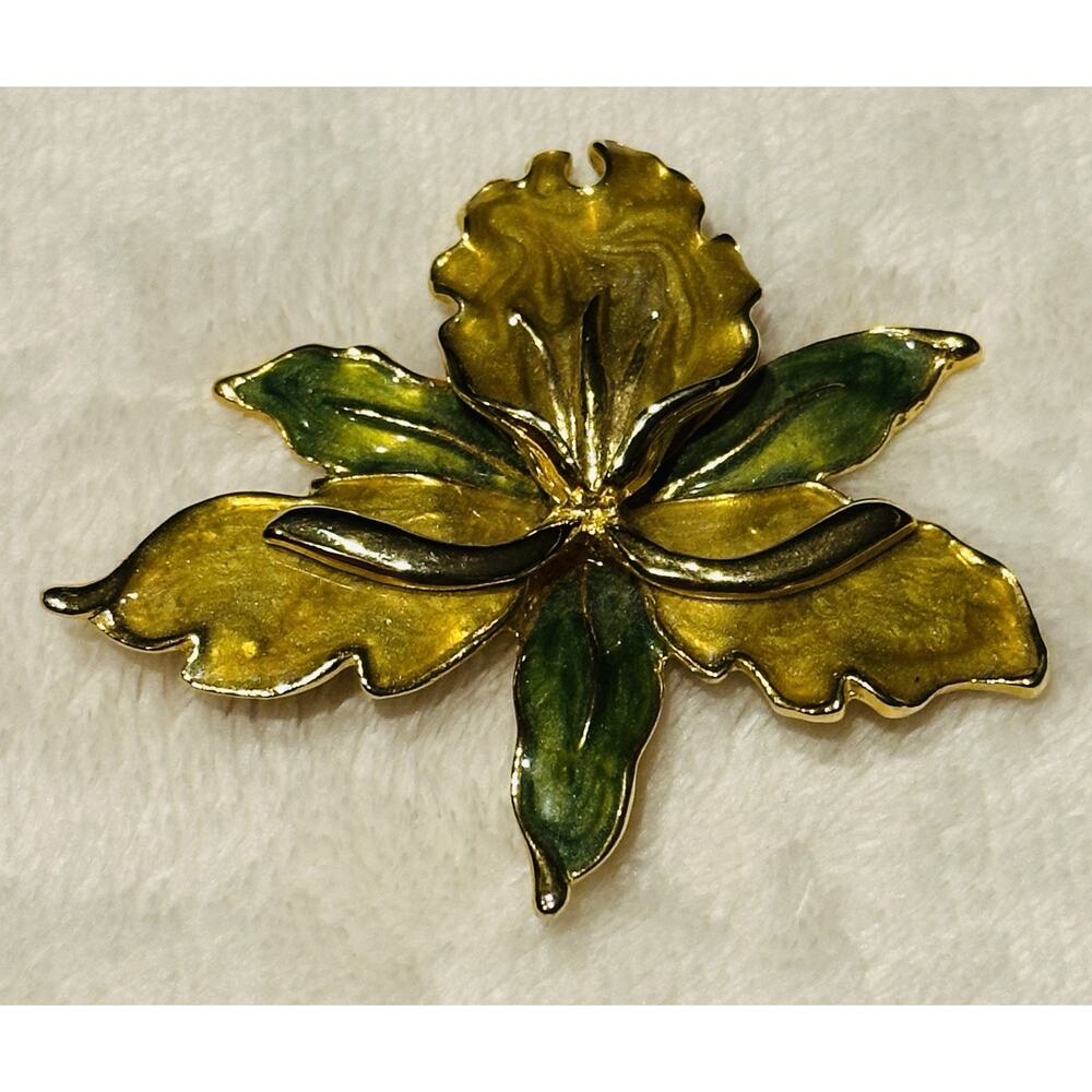 Vintage Large Green Gold Tone Orchid Flower Brooch Pin jewelry Estate Old Money
